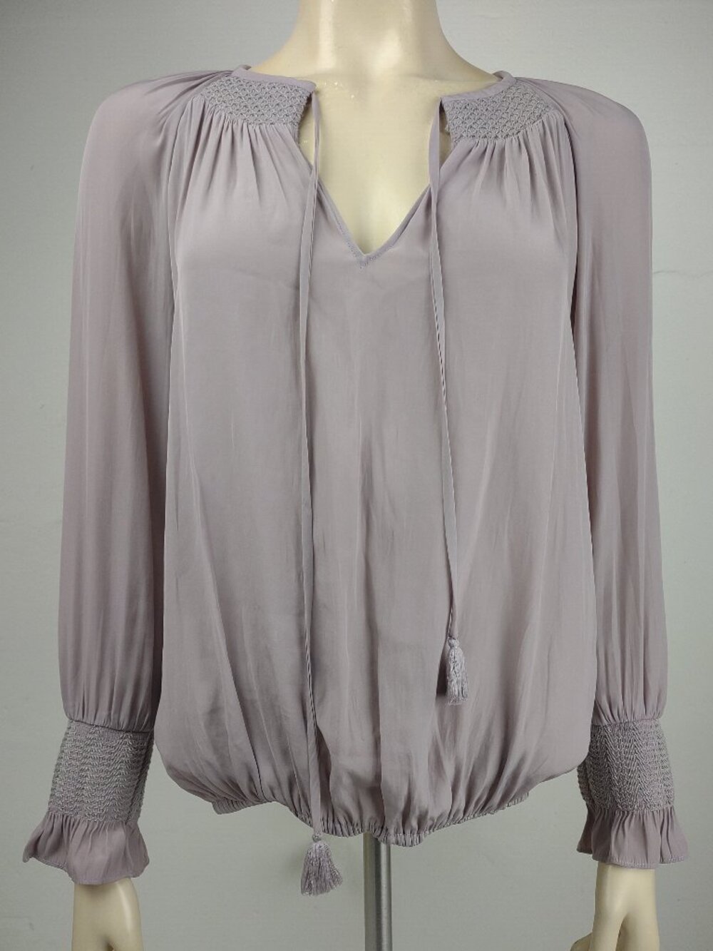 Ramy Brook gray smocked V-Neck long sleeve blouse top ladies XS X-Small